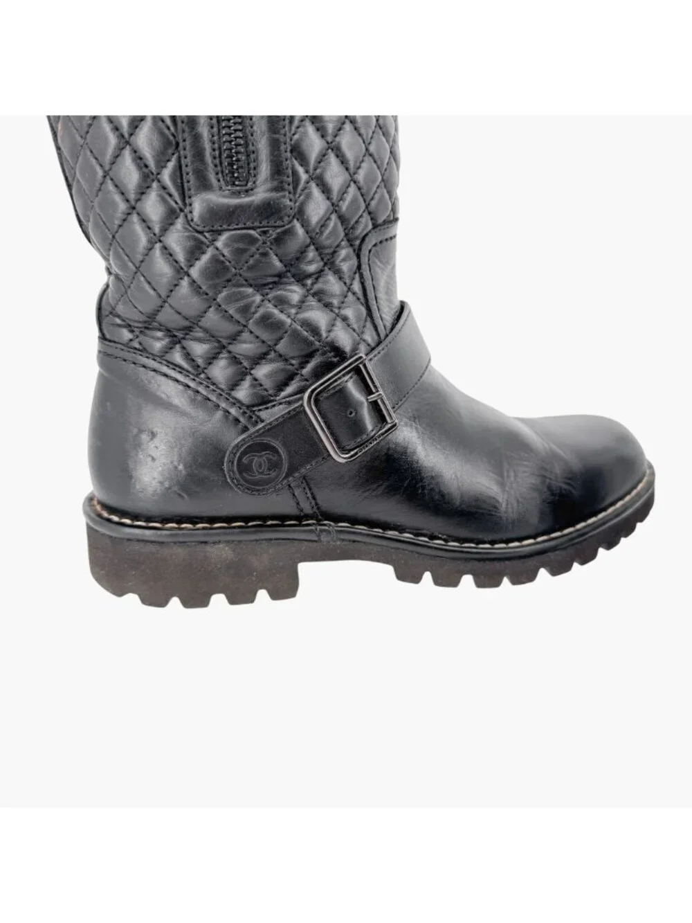 Chanel Quilted Moto Boots EU 37.5 US 6.5-7 Black Leather CC Biker Riding Calf
